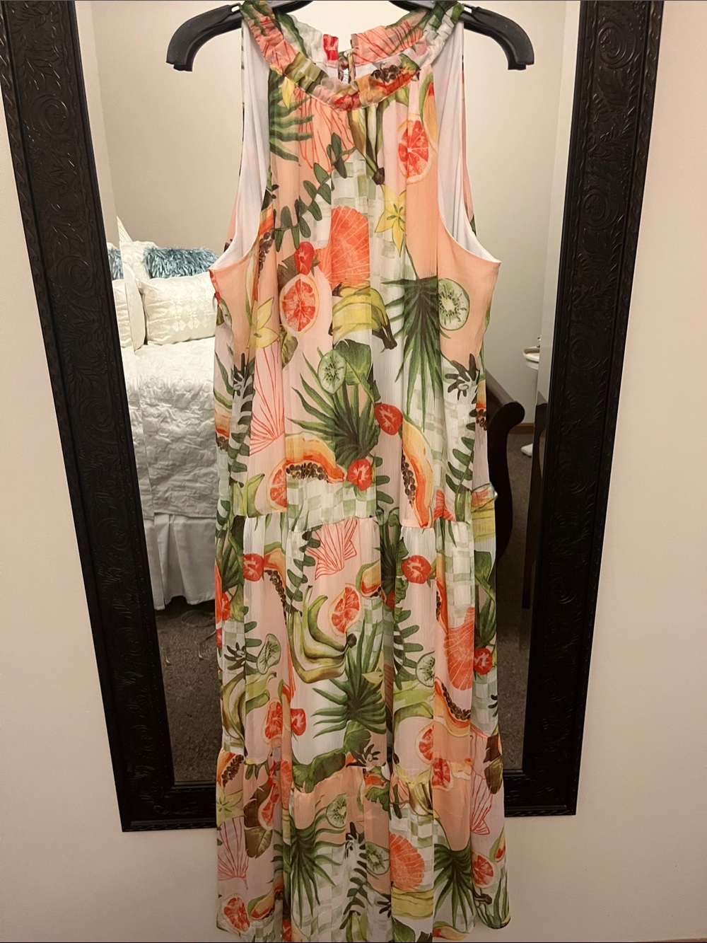 Cato Peach and Green Tropical Fruit Print Maxi Dress. 18/20w